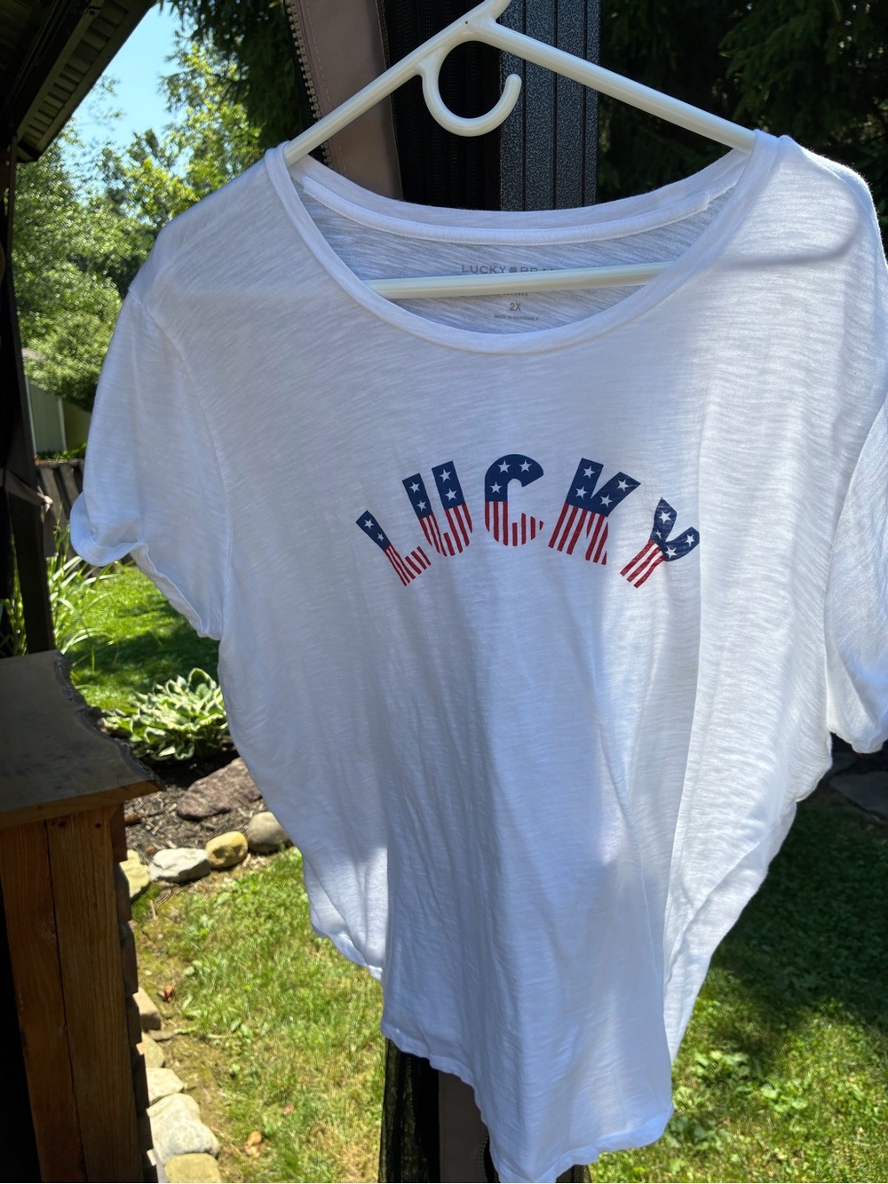 Lucky Brand White Tee with Red and Blue Patriotic 'LUCKY' Graphic